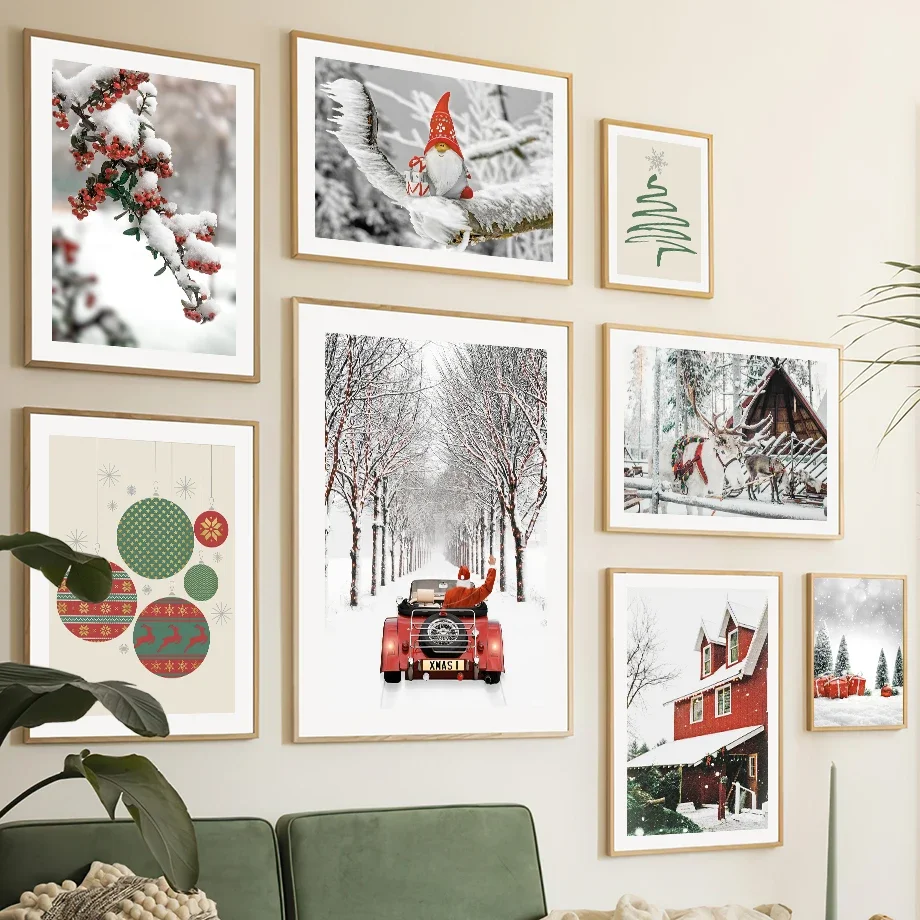 Wall Art Canvas Painting Christmas Tree Red House Santa Carriage Deer Living Room Decoration Posters And Prints Wall Pictures