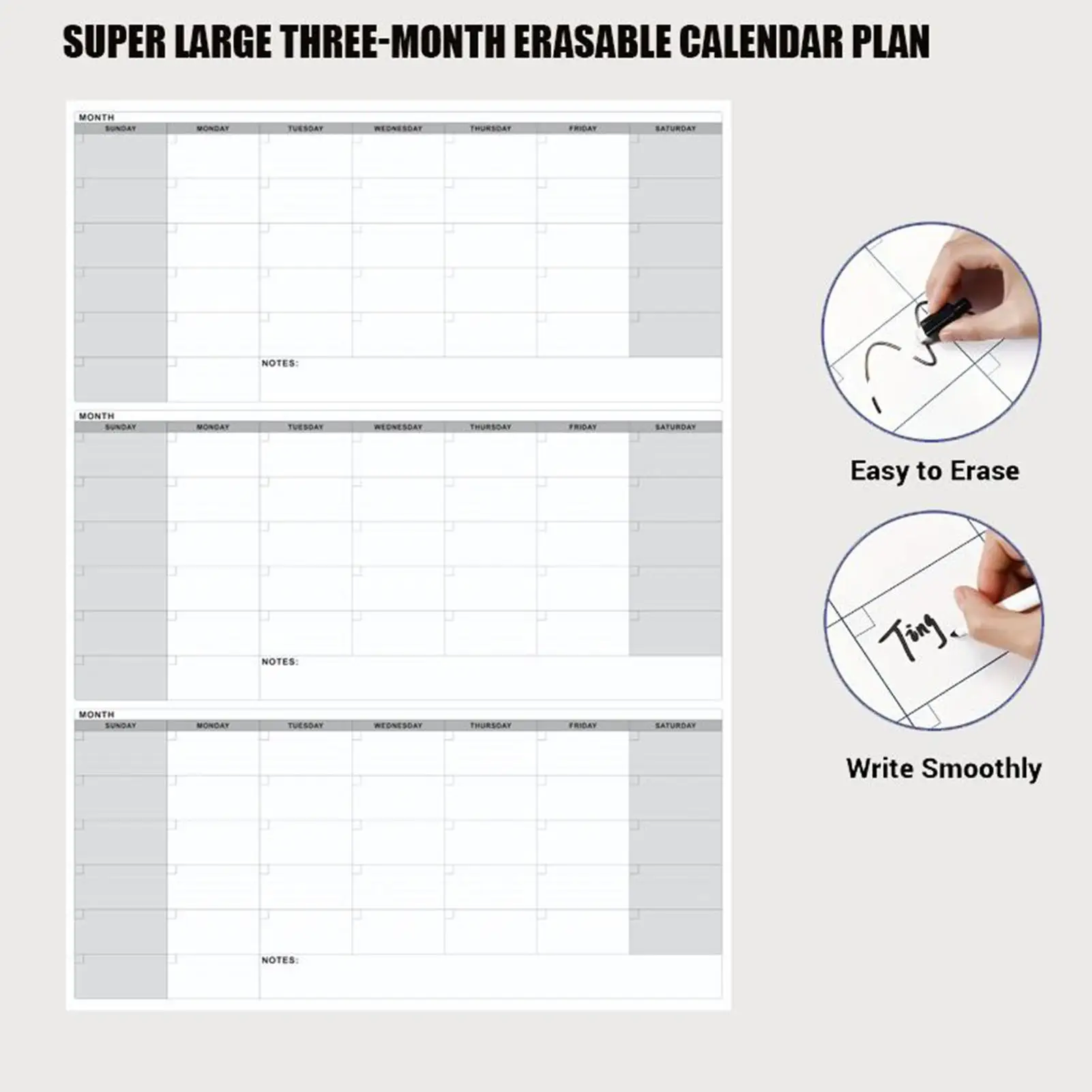Large Wall Whiteboard Calendar 3-Month Dry Erase Daily Planner No Date Blank Daily Planner Task Organizer For Offices, School