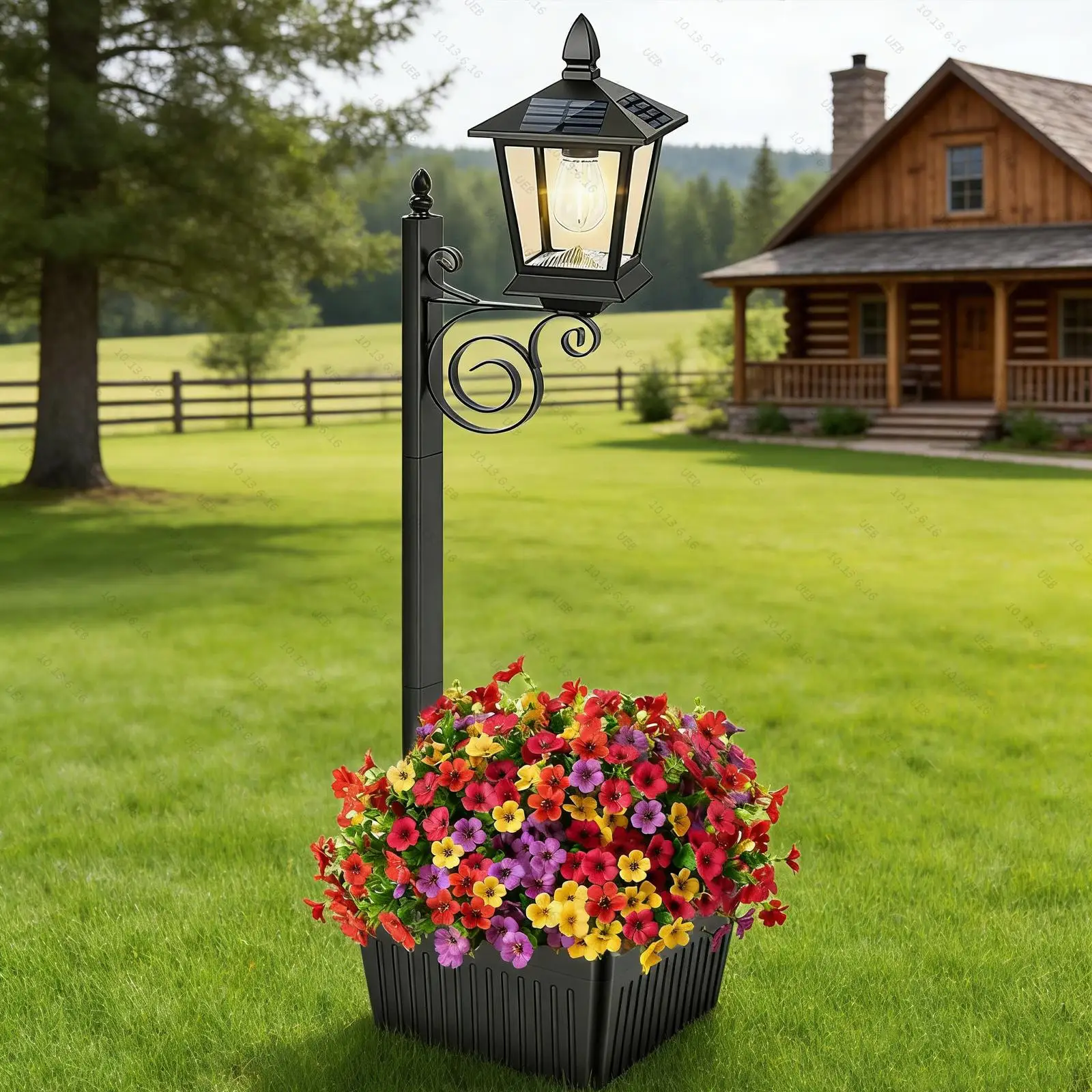 Lámpara solar 2 en 1 para poste, IP54, impermeable, con macetero independiente, lámpara solar decorativa para exteriores/puerta principal/patio/césped