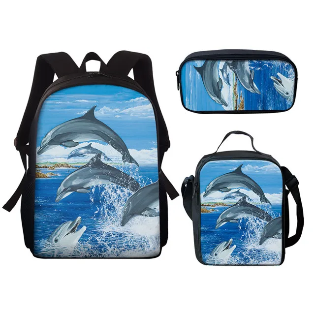 Classic Novelty Peculiar Funny Cool Dolphin 3D Print 3pcs/Set pupil School Bags Laptop Daypack Backpack Lunch bag Pencil Case