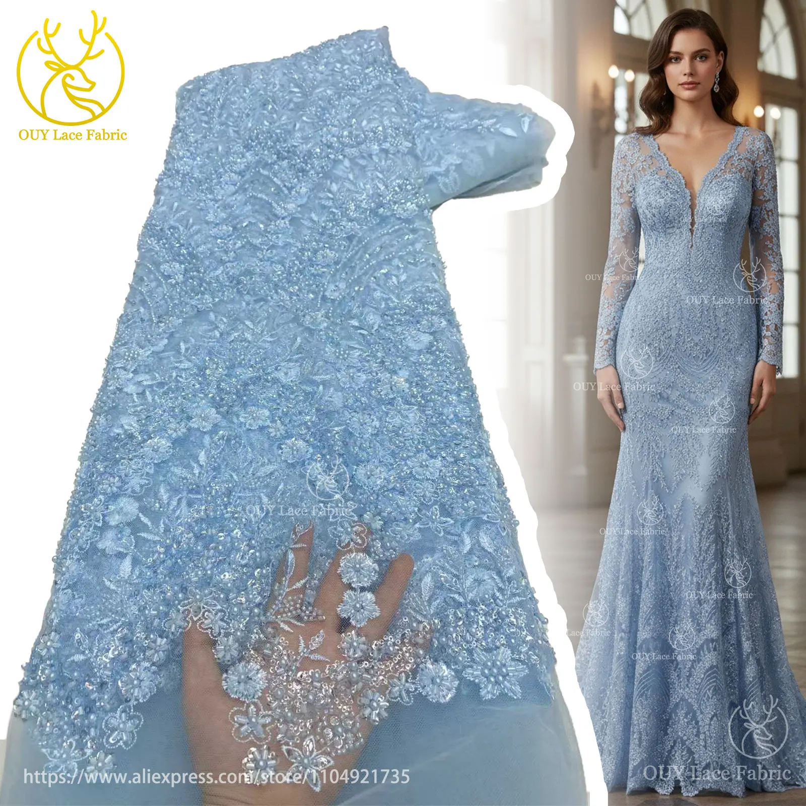 

Blue Sequins Luxury Beaded Lace Africa 2025 High Quality 5 Yards Handmade Sequins Fabric Nigeria Party Dress Sewing Material