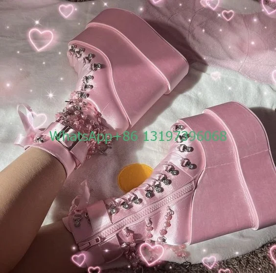 Lady pink platform chian height top design boots lace-up stain cross Mary Jane boots footwear szie 46 buckle punk Y2K style boot