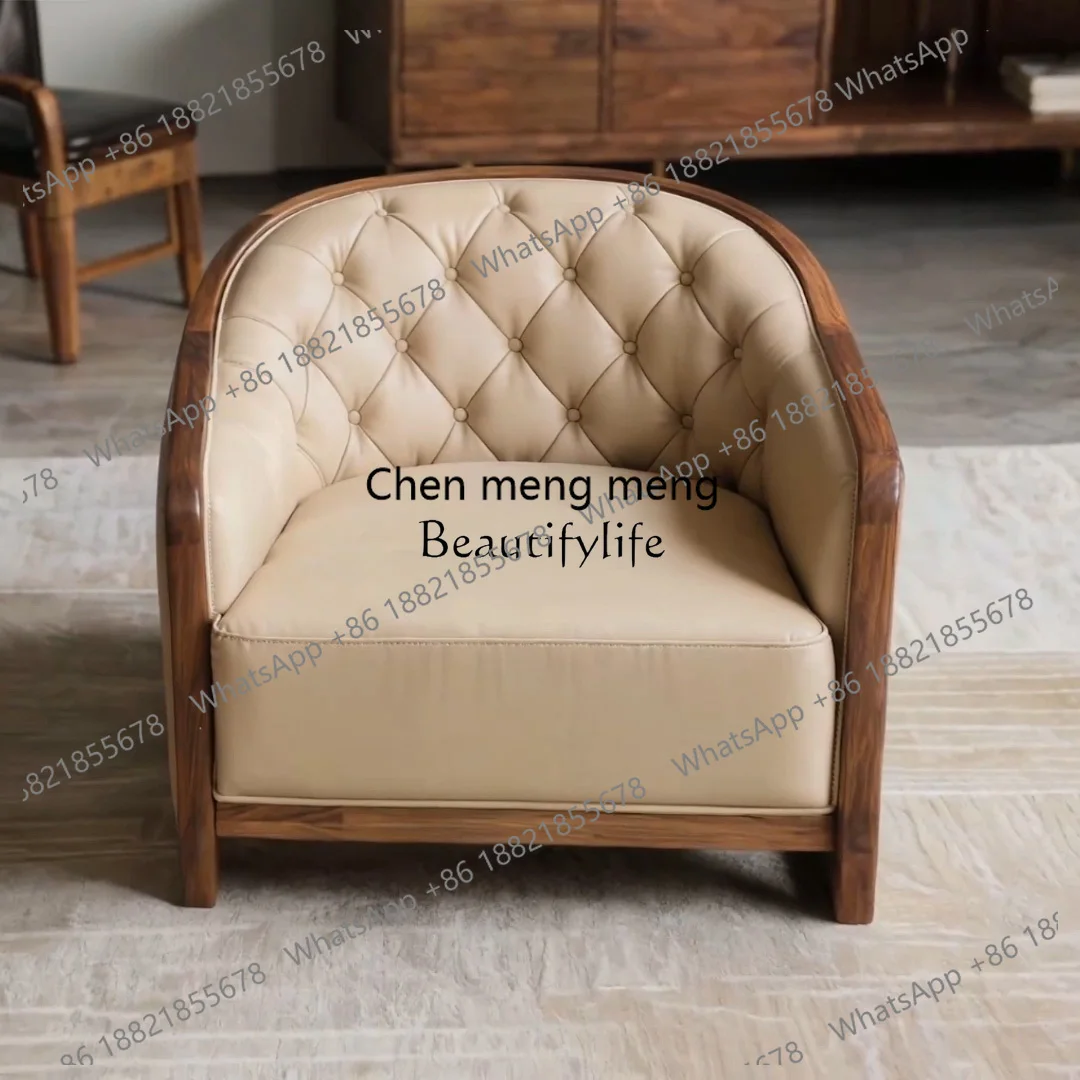New Chinese black walnut solid wood single sofa simple leather leisure chair