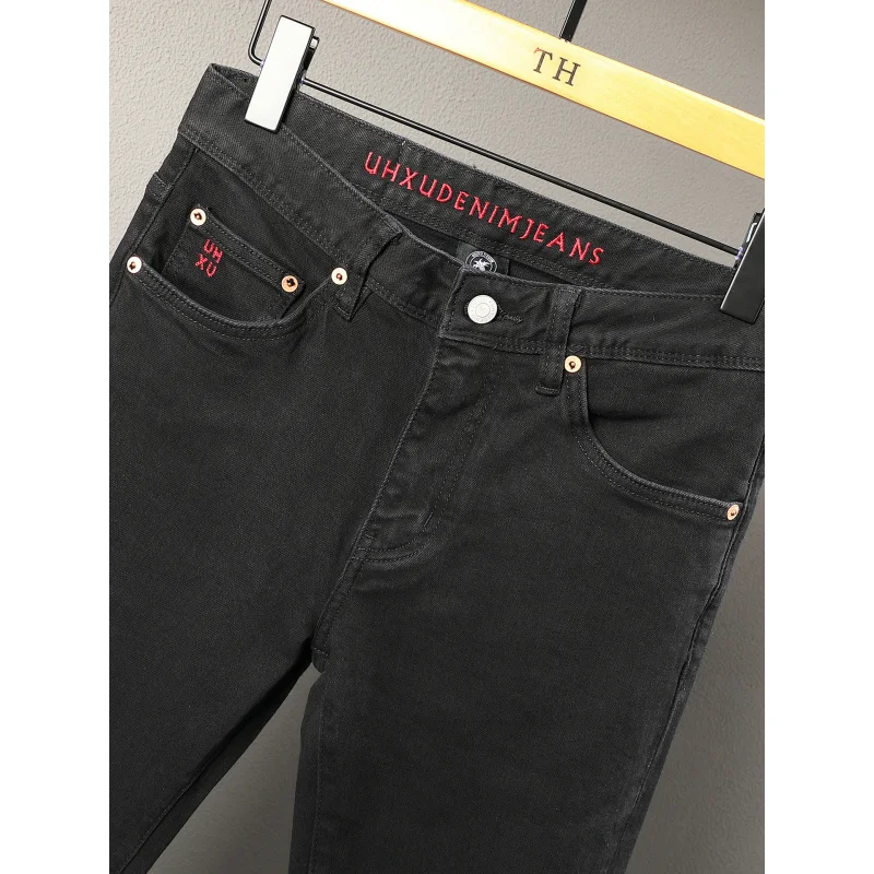 ハイエンドのミニマリストブラックジーンズ、メンズストリートウェアトレンド、伸縮性があり、細身のファッションパンツ