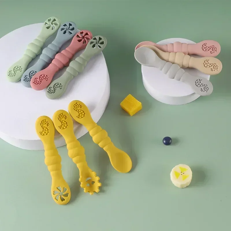 Ensemble d'ustensiles en silicone pour bébé, cuillère, fourchette, alimentation, tout-petit, apprendre à manger, formation, fourchette souple, couverts, ustensiles pour enfants, 3 pièces