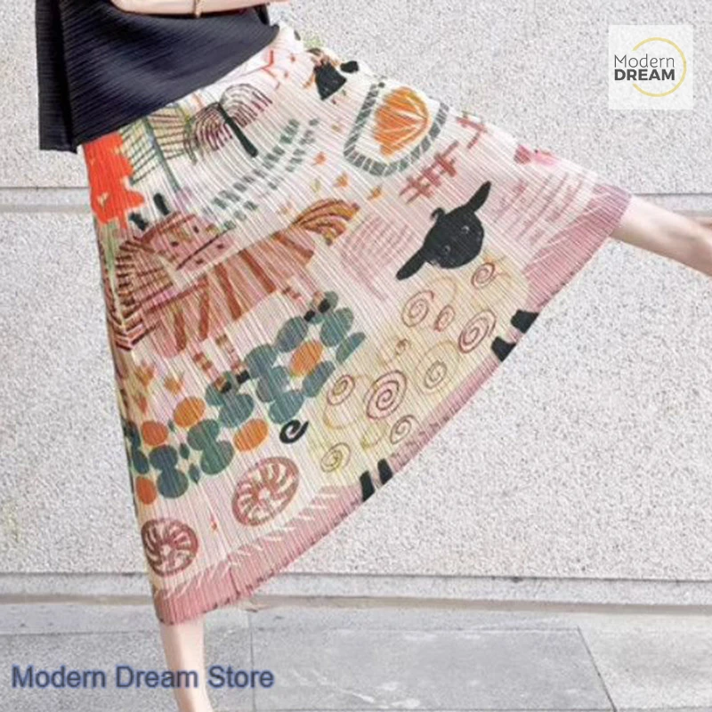 Korean pleated fashion design cartoon print skirt summer new temperament lazy wind temperament slimming split long skirt