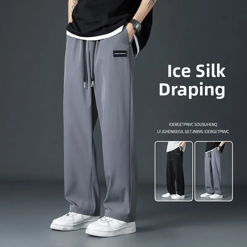 

Ice Silk Men's Casual Pants Summer Qui Dry Thin Loose Long Trousers Straight Leg Elastic Waist Youthful Energy Sle