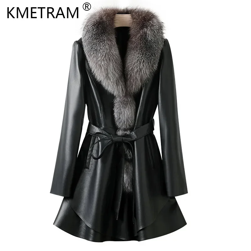 High Quality 100% Sheepskin Jacket Women 2024 Mid-length Genuine Leather Jackets Woman Elegant Real Leather Coat Fox Fur Collar