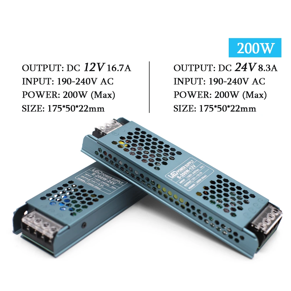 Ultra Thin LED Power Supply DC 12V 24V Lighting Transformers 60W 100W 200W 300W 400W AC190-240V Converter Driver for Strips