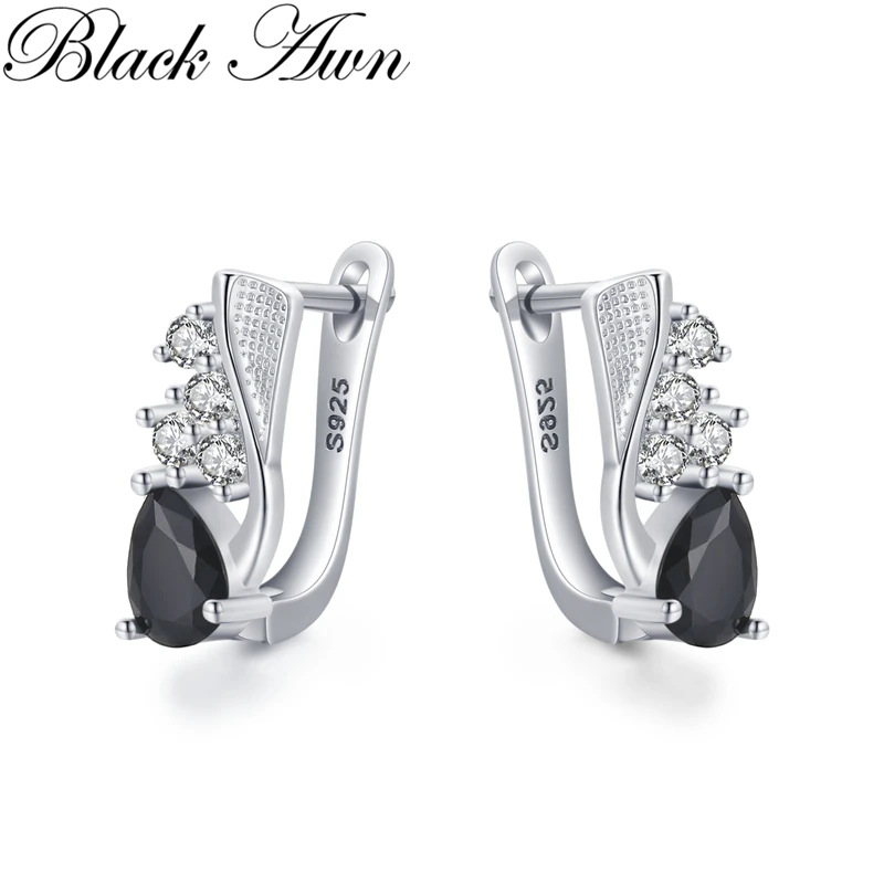 

Black Awn Hoop Earrings for Women Classic Silver Color Trendy Spinel Engagement Jewelry I219