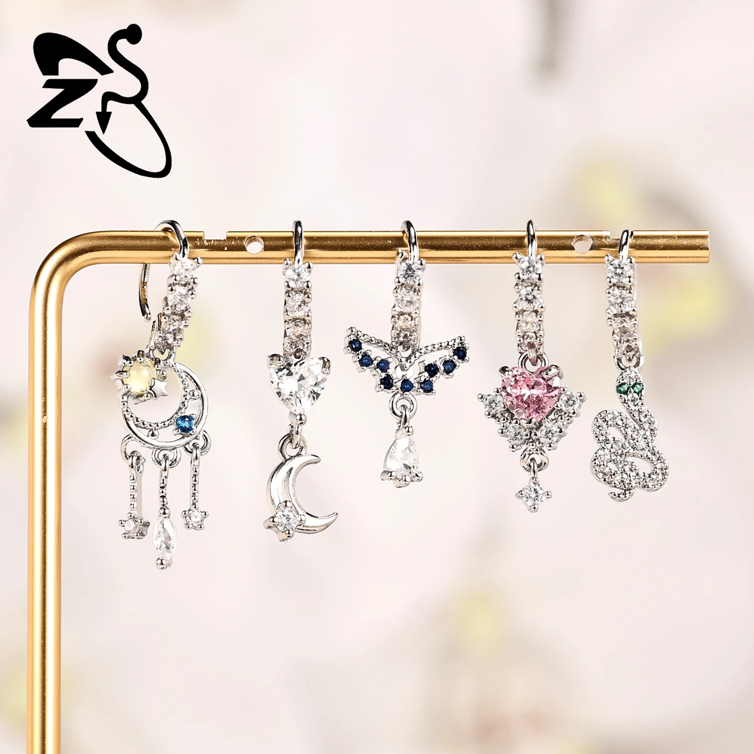 ZS 1 Piece 20G Trendy Hoop Nose Rings Women Moon Star Flower Pendant Septum Piercing Ear Helix Cartilage Piercings Jewelry 8MM