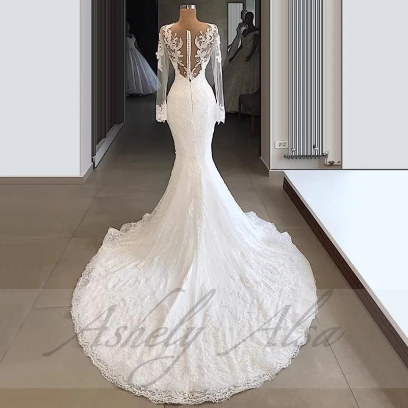 AW18 vestidos de novia elegantes personalizados de princesa para mujer, Vestido de novia de manga larga con Apliques de encaje y botones cubiertos, Vestido de novia para jardín