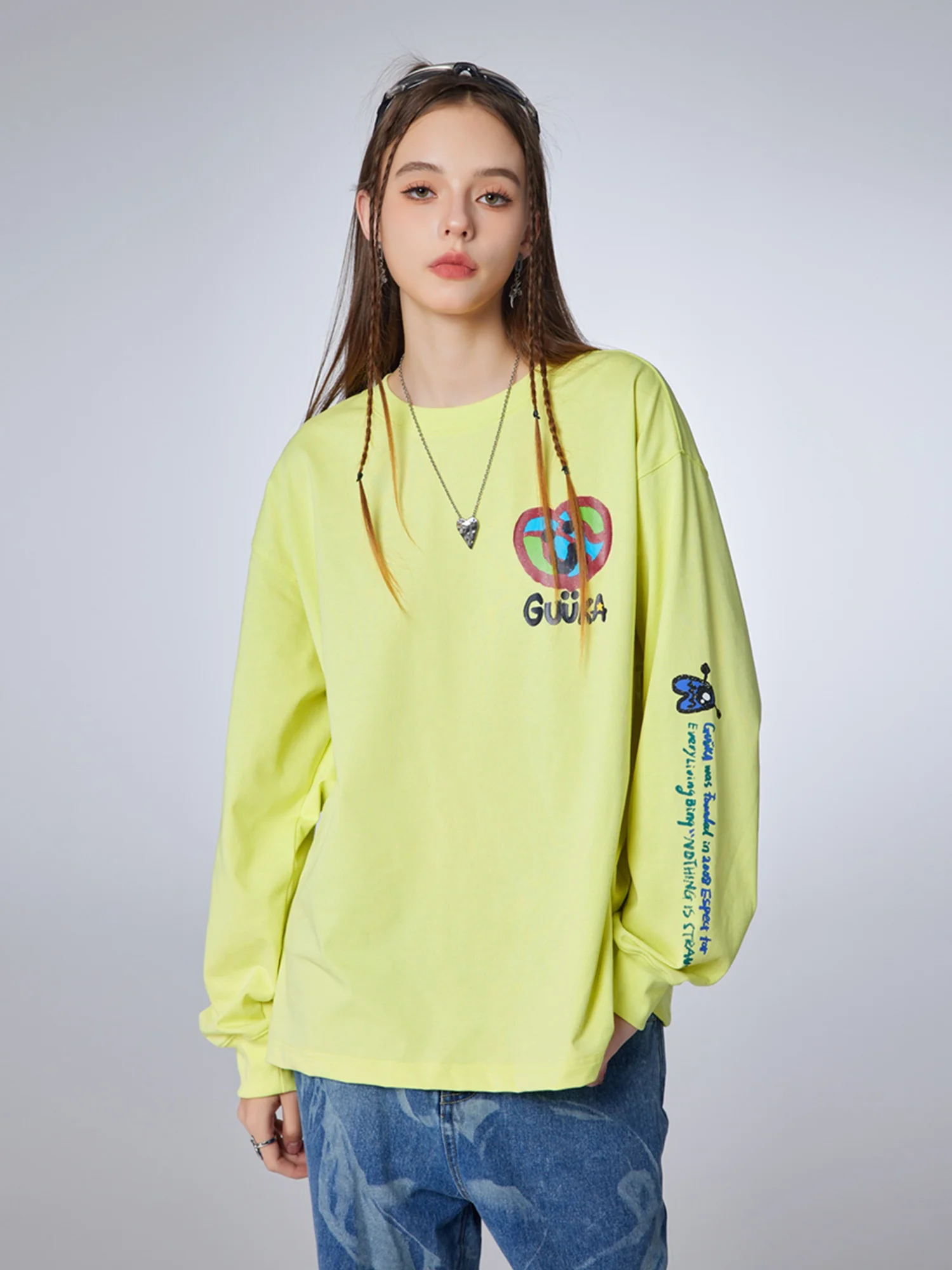 Guuka Fluorescent Yellow Heavyweight Long Sve Women's T-irt Pure Cotton Loose Fit Casual Sle Spring Season round Ne