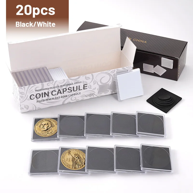 20Pcs Acrylic Square Coin Capsule Holder Adjustable Gaskets Organizer Storage Box Medal Coin Protection Box Display 20mm-40mm