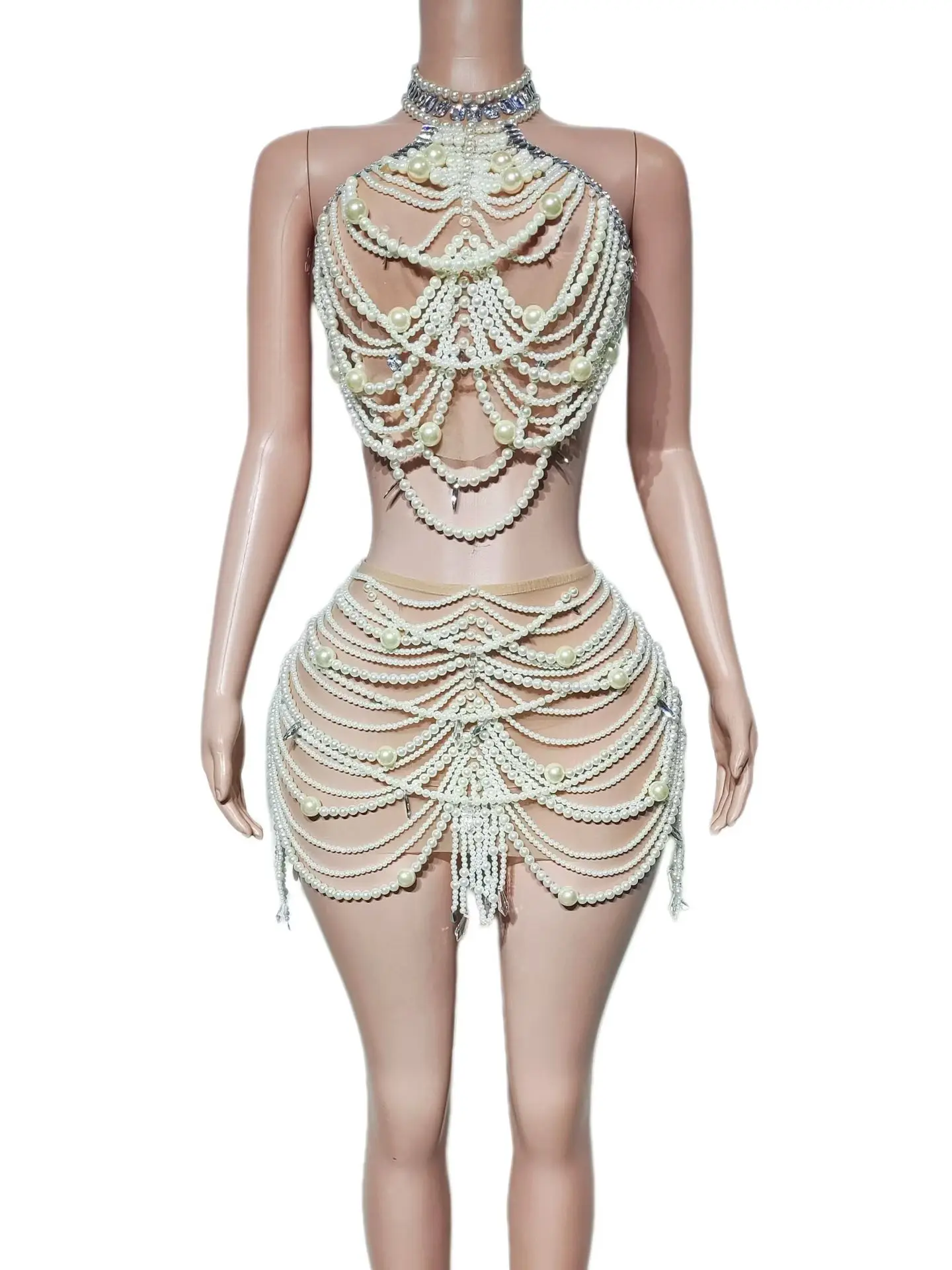 Sparkly Rhinestone Pearls Crop Tops Mini Skirt 2Pieces Set Sexy Women See Through Birthday  Celebrate Costume Party Wear Yunzhu - view 3