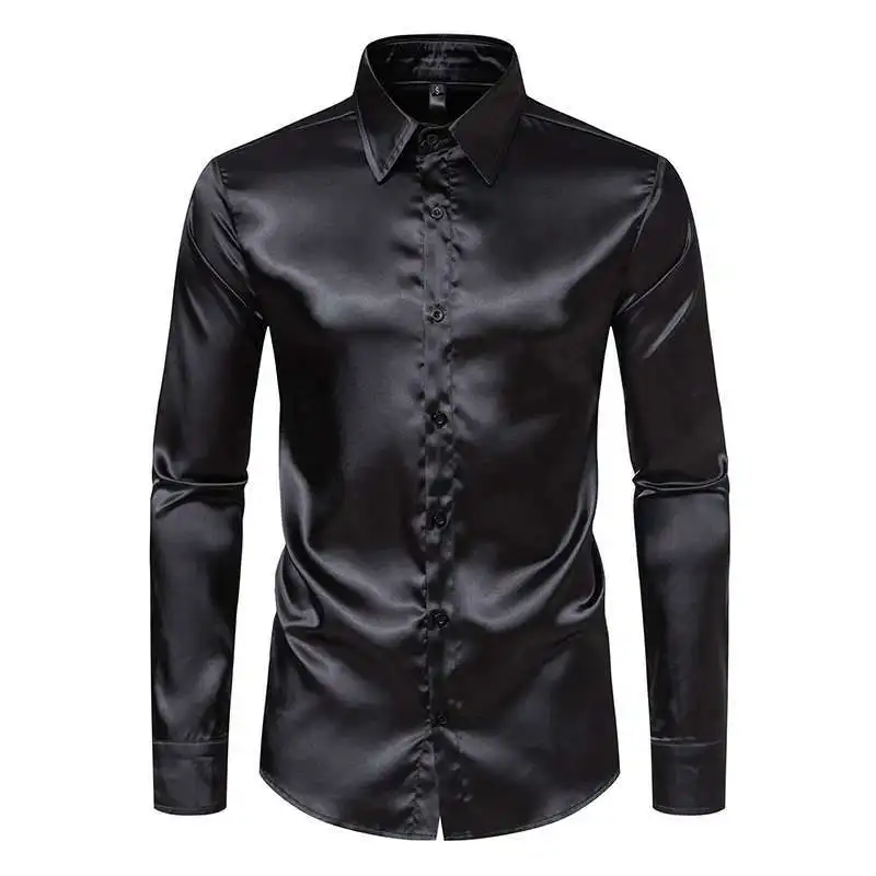 

Yellow Satin Long-sleeved Shirt Muscular Men's Plus Fat Plus Size Slim Fit Performance Shirt Dopamine Singer Top