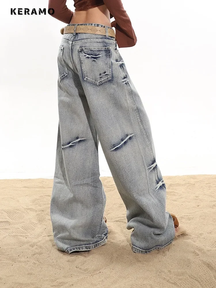 Hotsweet Retro High Waist Full Length Jeans Street Washed Hip-hop Baggy Pants Women\'s Casual Y2K Sexy Grunge Denim Trouser