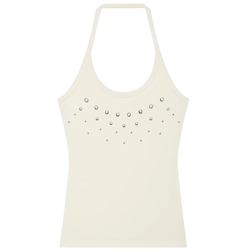 HXAO Rivet Halter Crop Top Woman Summer 2026 Fashion White Off Shoulder Backless Tank Tops Glitter Elastic Slim Vest Holiday Top