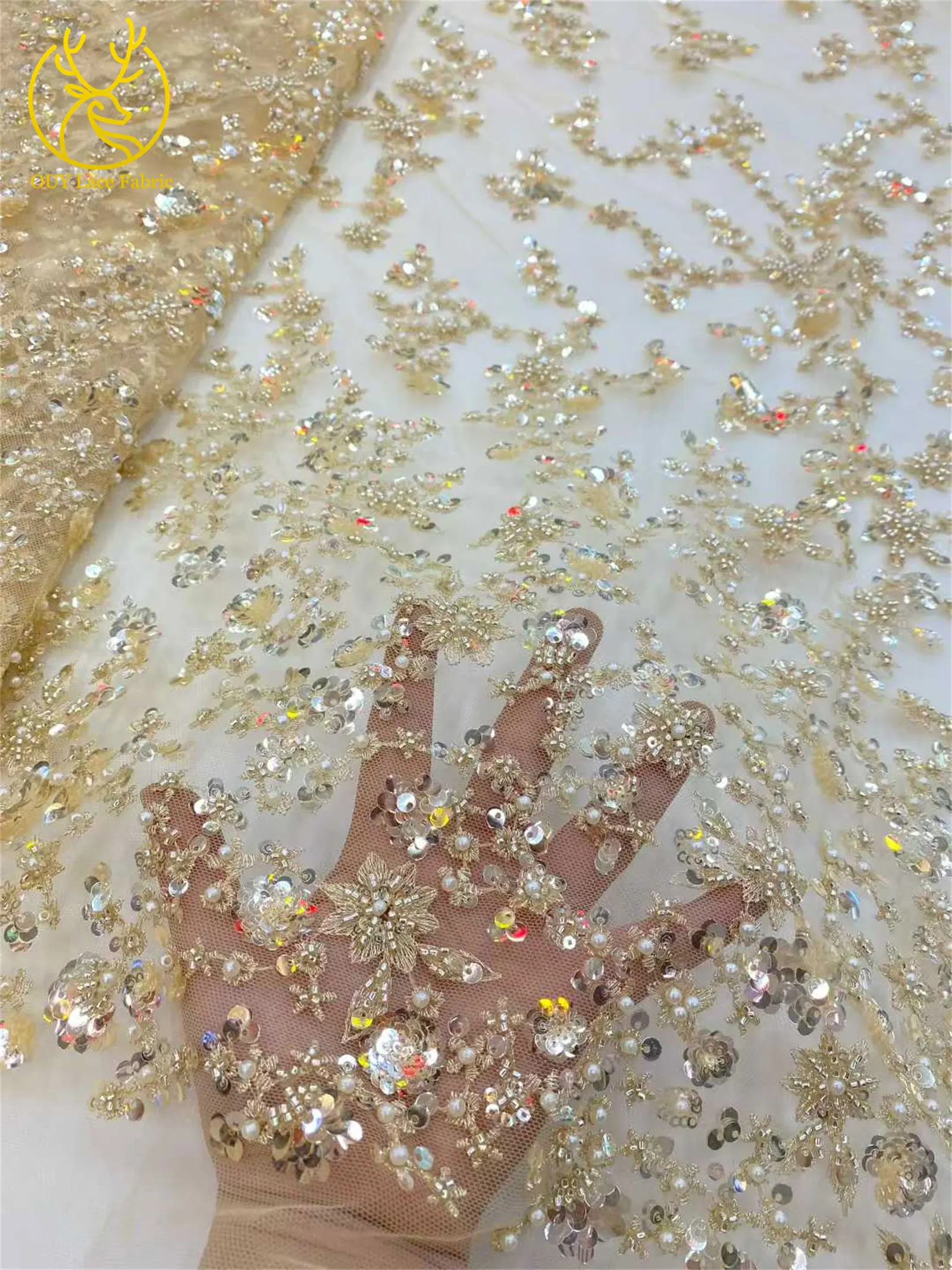 2026 New African Groom Embroidered Beaded Lace Fabric Nigerian French Sequin Lace Fabric for Bridal Wedding Party Dresses