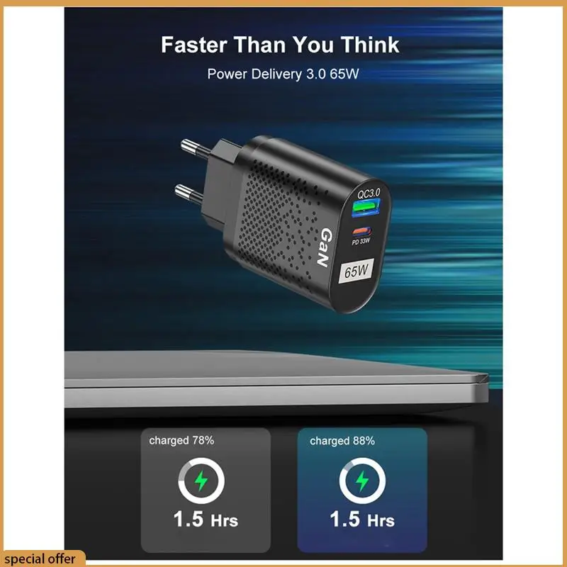 A68Z 65W Mobile Phone Fast Charger Multi-Port QC3.0 PD Multiplug Fast Charging Hand Charger For Iphone Samsung Huawei Parts EU P