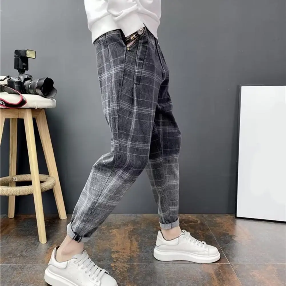 

Men's Casual Plaid Print Pants Harem Loose Outdoor Sweatpants Neutral High-quality Soft Long Baggy Trousers Contrast Color