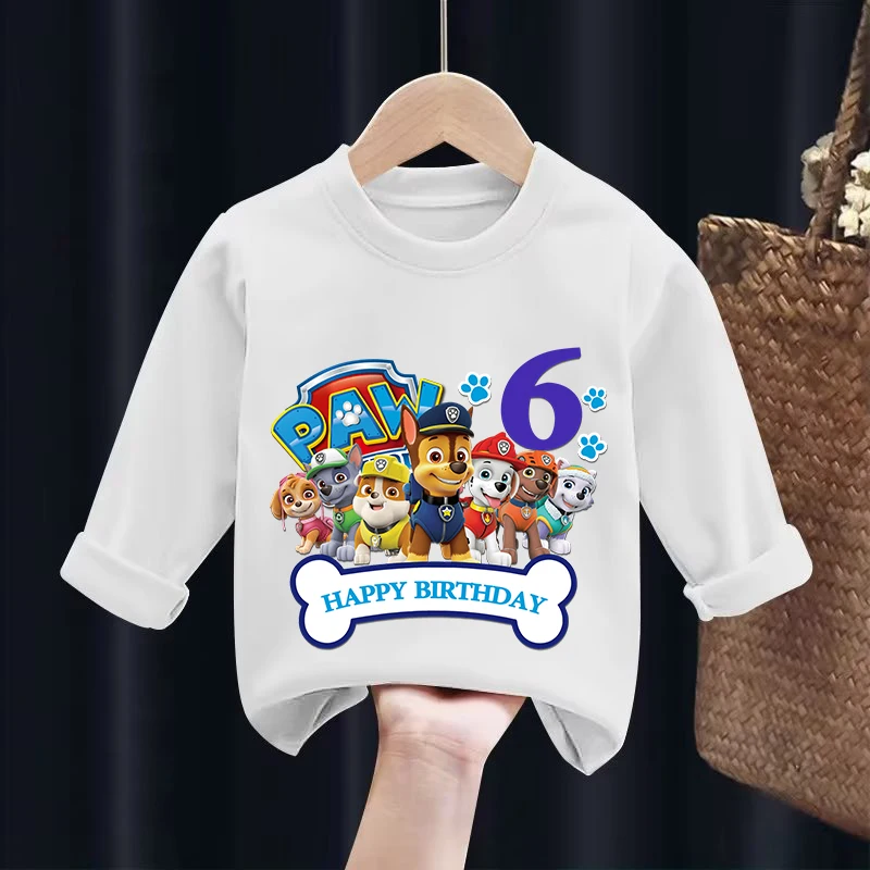 Paw Patrol Children Long Sleeve T-shirt Cartoon Chase Skye Birthday Digital Print Cotton Pullover Boys Girls Summer Casual Tops