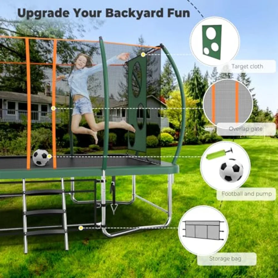 Outdoor rectangle trampoline for kids and adults 14FT 16FT curved poles pumpkin color lightweight includes sprinkler soccer gam