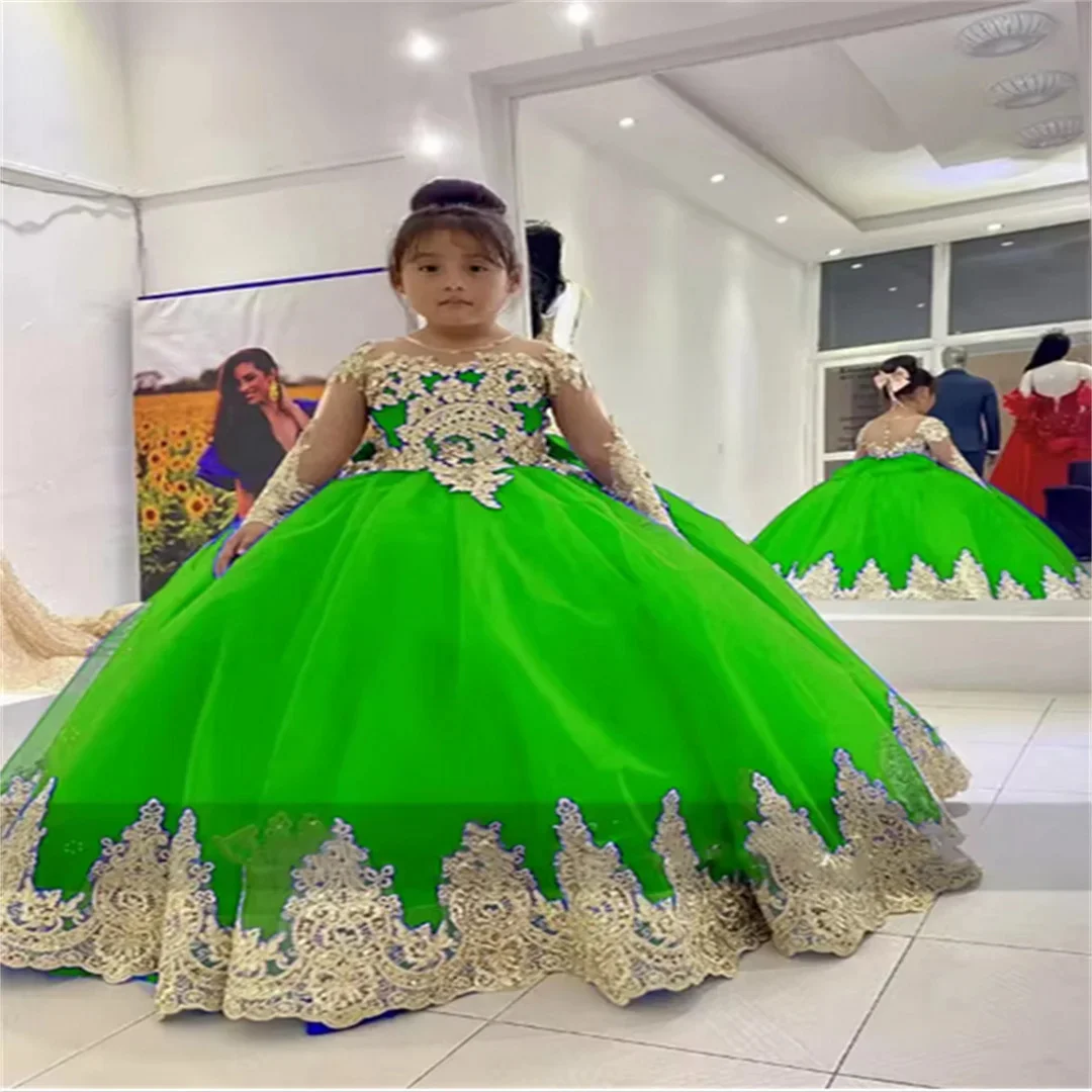 Customized Royal Blue Flower Girl Dresses For Wedding Puffy Gold Appliques With Bow Elegant Kids First Communion Festive Gown