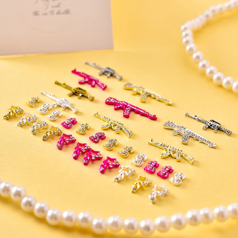 44PCS Gun Nail Charms Nail Art Rhinestone,Gold Silver Alloy Gun Dollar Sign Star Nail Decoration for Acrylic Nails
