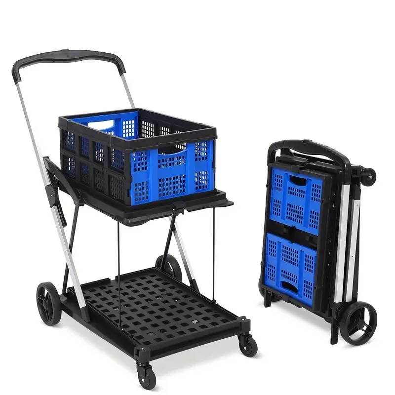 Folding Shopping Cart with Wheels, Collapsible Cart with Storage Crate, Mobile Folding Trolley, 2-Layer Utility Carts, 200 lbs H