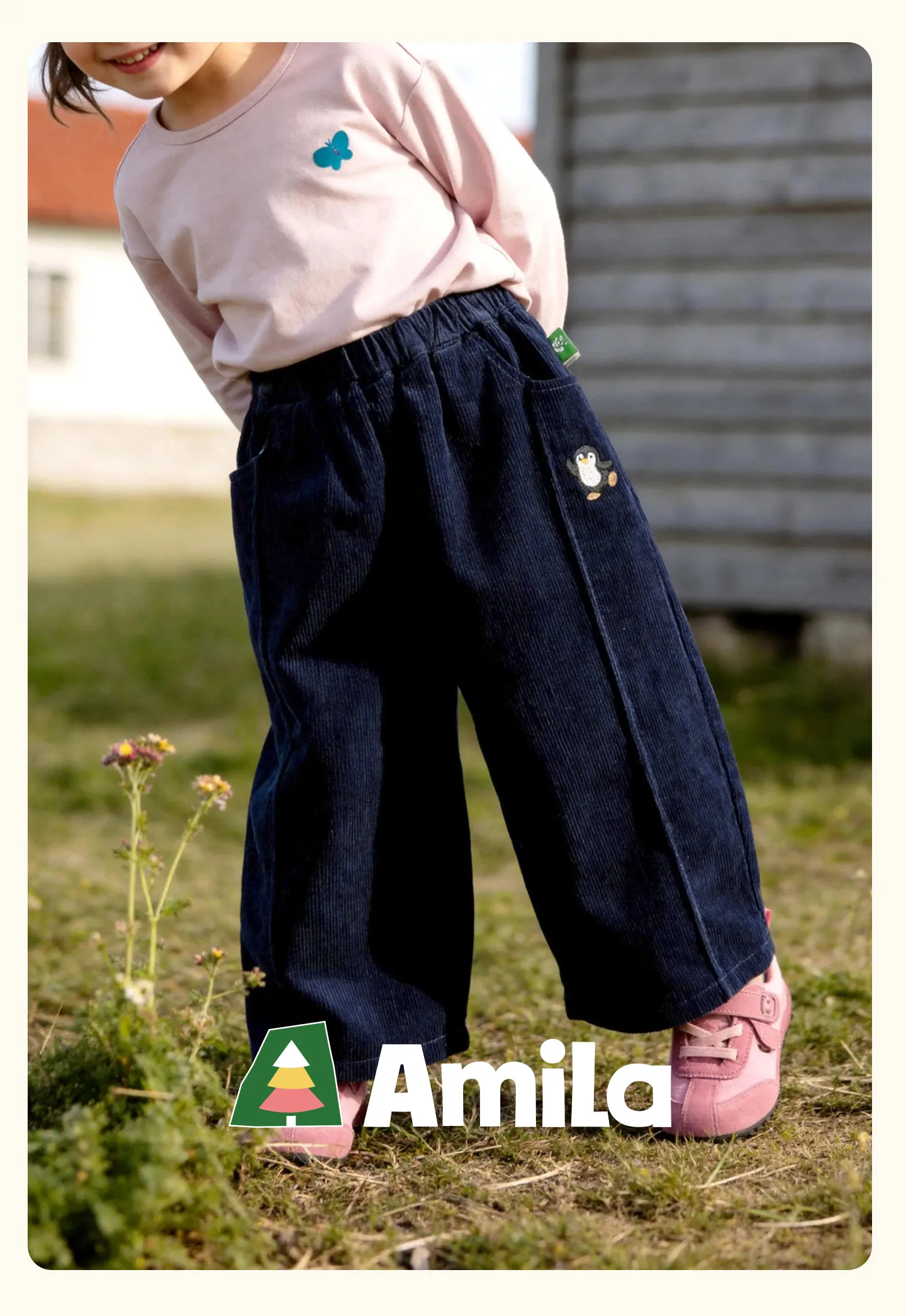 Amila 2026 Herbst Neue Kinder-Freizeithose mit seitlicher Pinguin-Verzierung Vintage Niedliche Atmosphäre Vielseitige Hose – Detail 1