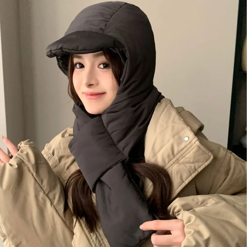 2025 New Outdoor Down Padded Cotton Winter Windproof Hat Scarf Integrated Hats Warm Women Lady Cap