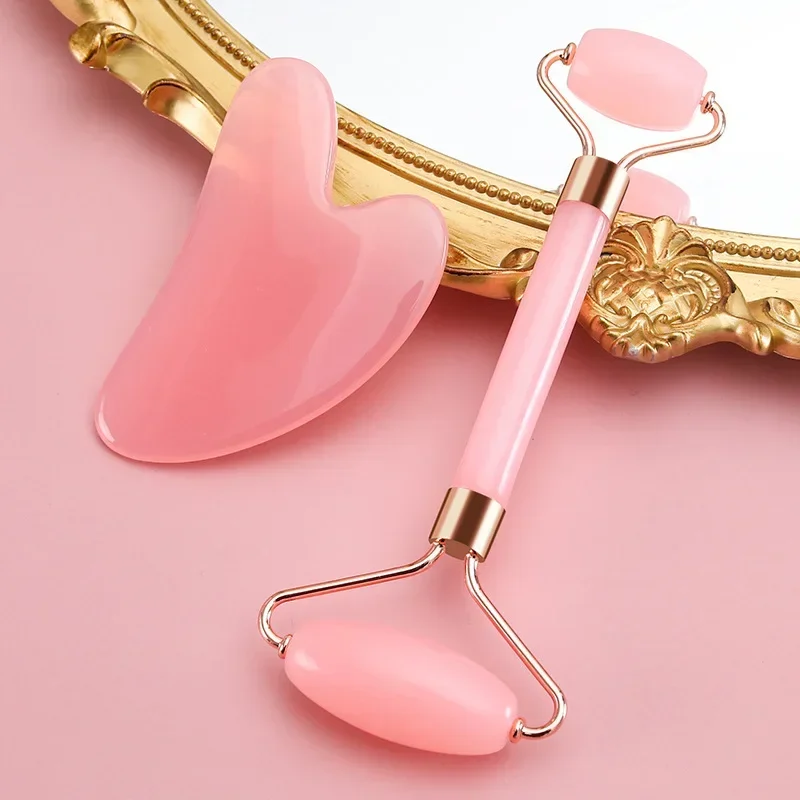 Natural Resin Jade Roller Gua Sha Scraper Set Double Chin Remover Facial Roller Pink Guasha Face Lift Massager Wrinkle Tools