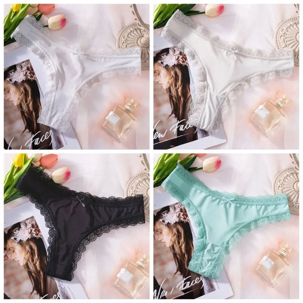 

Sweet Seamless Ice Silk Panties Cotton Crotch Thong Lace Bow Briefs Low Waist Underpants Women's Summer Panties Lady