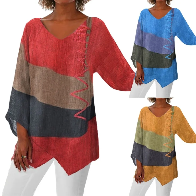 

Женский повседневный свободный топ с v-образным вырезом и нерегулярным подолом, осенний топ в стиле ретро с длинными рукавами и принтом