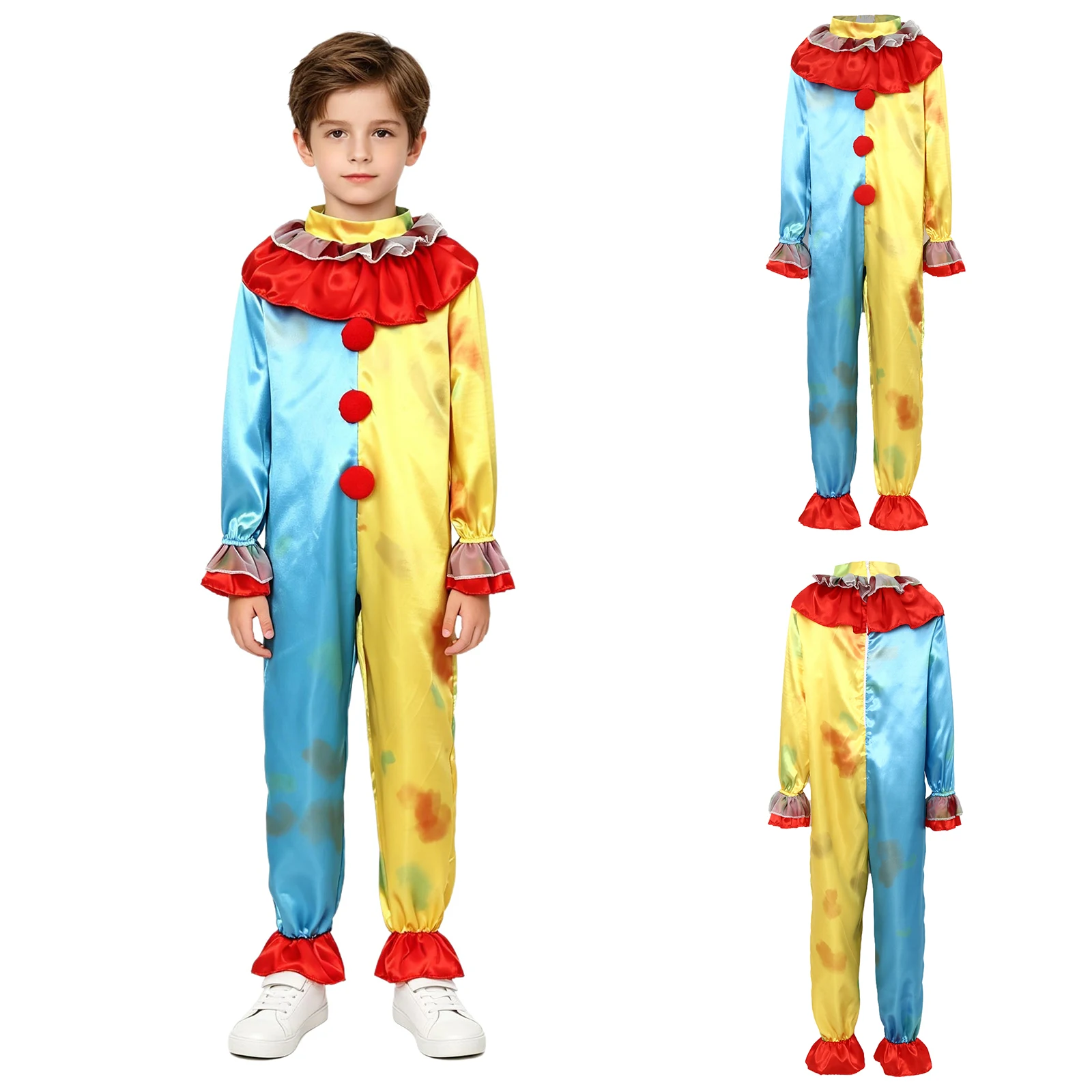 Disfraz de Payaso para Niños, Mono de Manga Larga con Cuello con Volantes y Diseño en Capas, Puños Elásticos y Abertura en las Piernas, Traje de Bufón