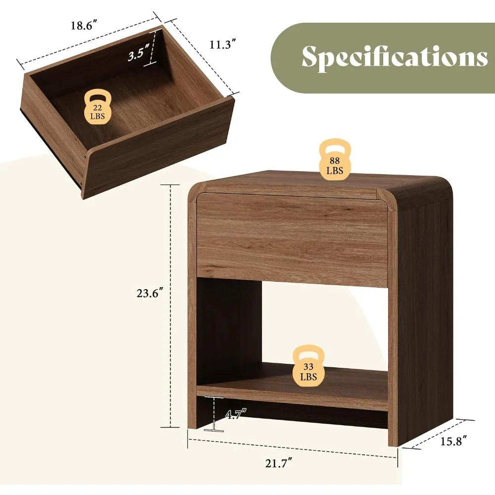 AMERLIFE Nightstands Set of 2 with Storage Drawer & Shelves, Walnut
