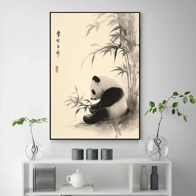 Japandi Panda Wall Art Panda Family Cubs Canvas Print Minimalist Zen Asia Decor Japanese Ink Wash Style Bamboo Wabi Sabi Poster