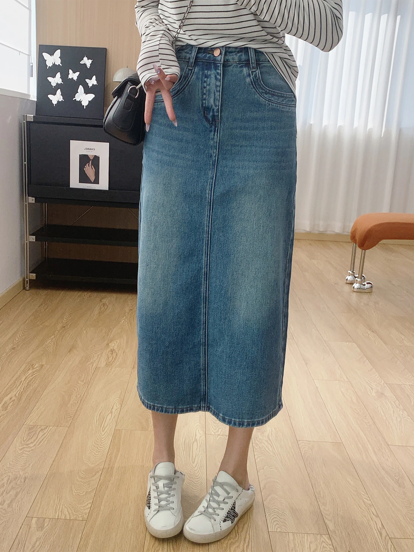 

Юбка А-силуэта с высокой талией, женская, весенняя новинка, джинсовая, с разрезом, средней длины, из смесового хлопка и полиэстера