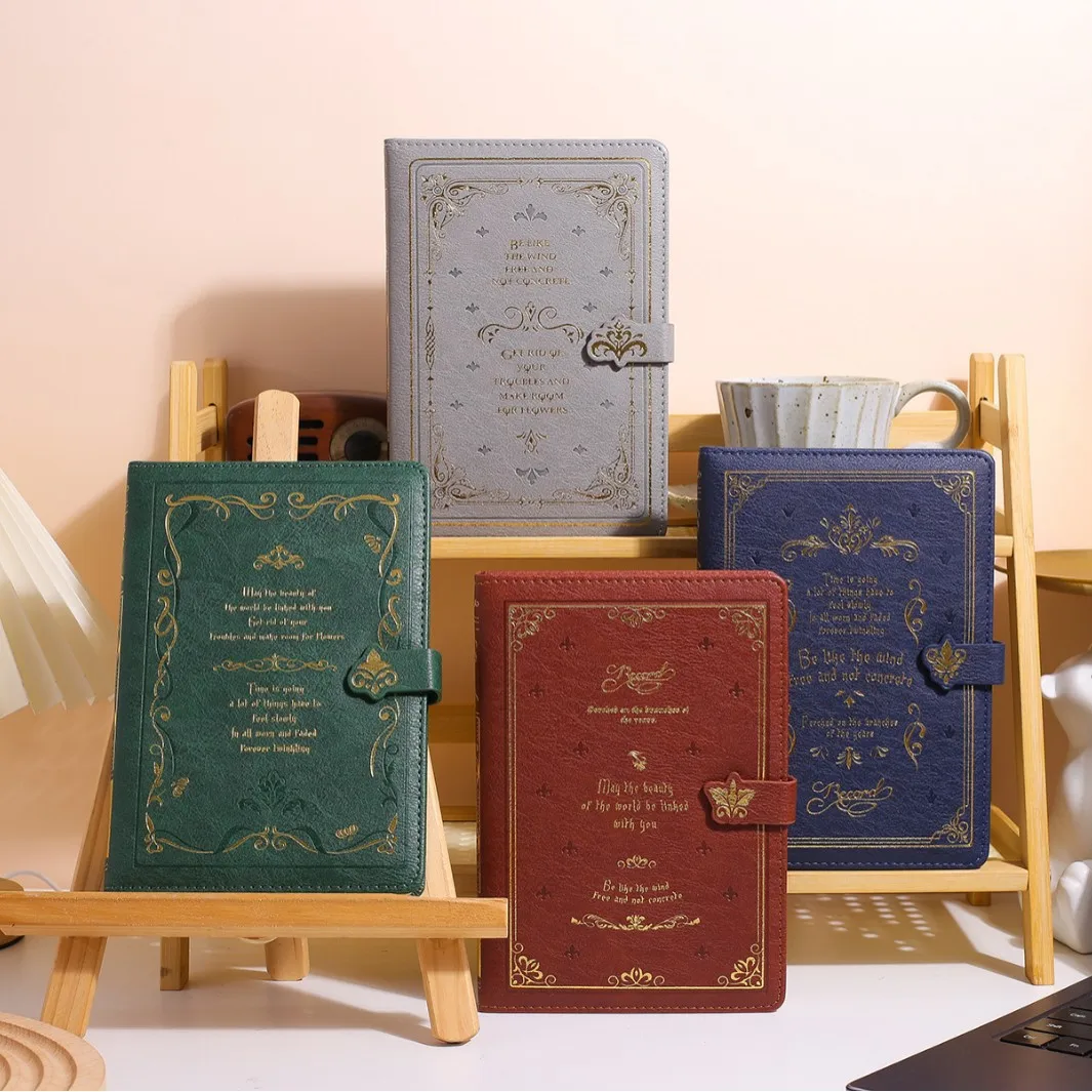 Vintage Gold Printed PU Leather Notebook Cute Compact Portable Pocket Hard Shell School Office Diary Supplies