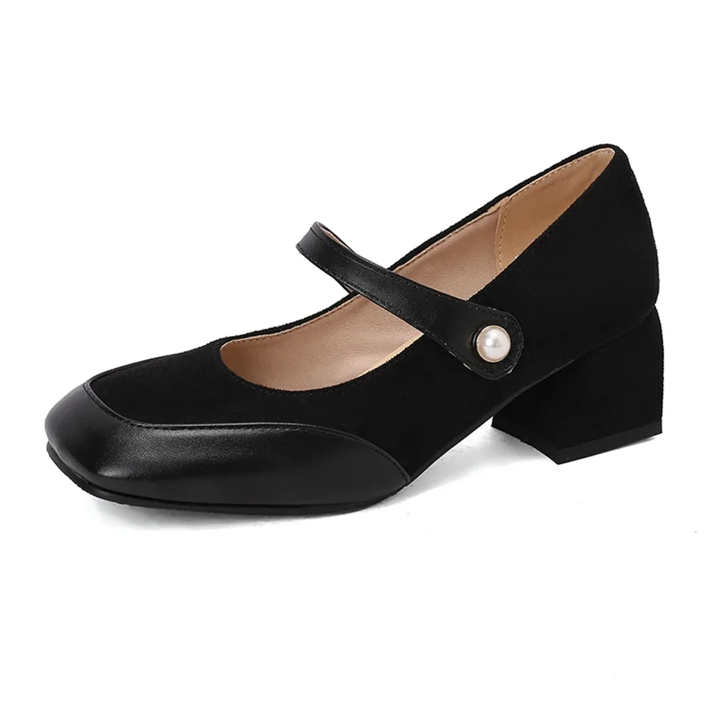BLXQPYT Women Mary Jane Shoes Block Heel Two Tone Pearl Buckle Round Toe Vintage Pumps 34-48 755