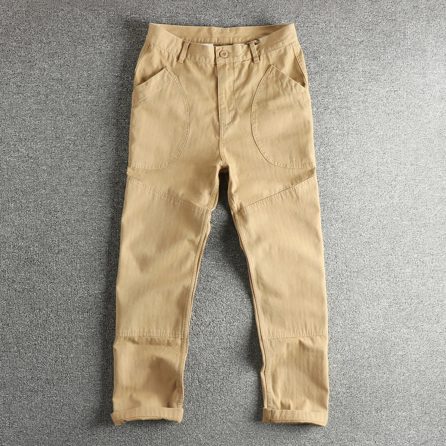 متعرجة المنسوجة القطن تصميم جيب عامي الكاكي الرجعية الرجال عارضة السراويل فضفاضة مستقيم البضائع السراويل #4