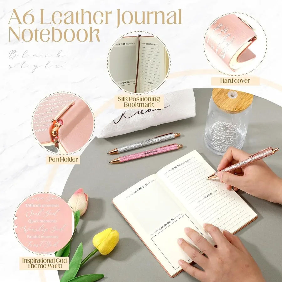 6 шт. христианские подарки для женщин Библия Vee A6 кожаный блокнот для путешествий 16 унций стеклянная чашка шариковая ручка с блестками косметичка Inspiratio