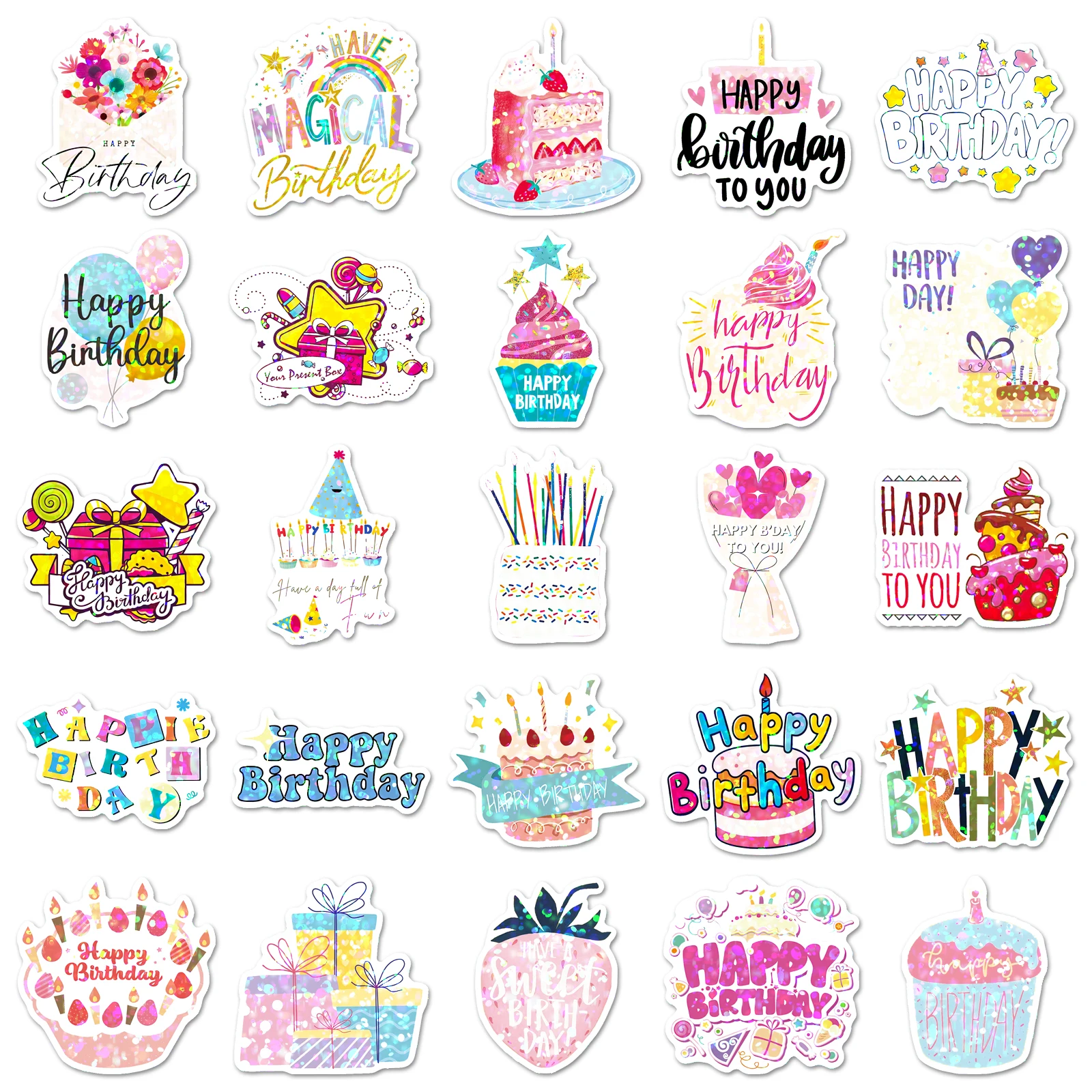 50Pcs Cute Cartoon Happy Birthday Laser Waterproof Sticker Skateboarding Retro Home Decal Sticker