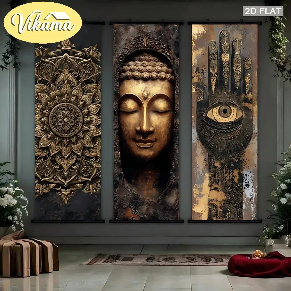 Gilded Buddha Mandala “Dharma Eye” Hand-Scroll Tapestry, Zen-Inspired Wall Hanging, Bedroom Decorative Tapestry