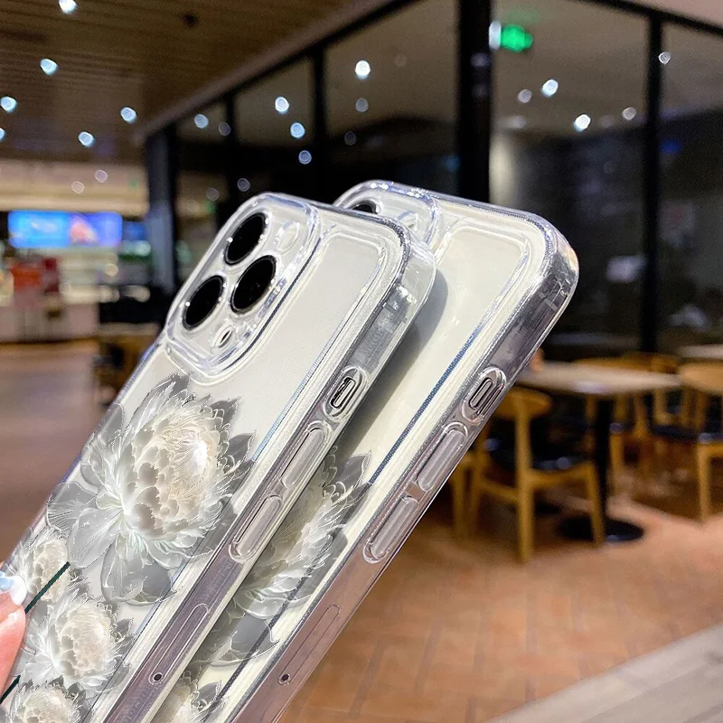 Flor de lótus transparente caso de telefone para iphone 11 caso iphone 14 13 12 15 16 pro max xr xs x 7 8 plus se 2020 capa à prova de choque