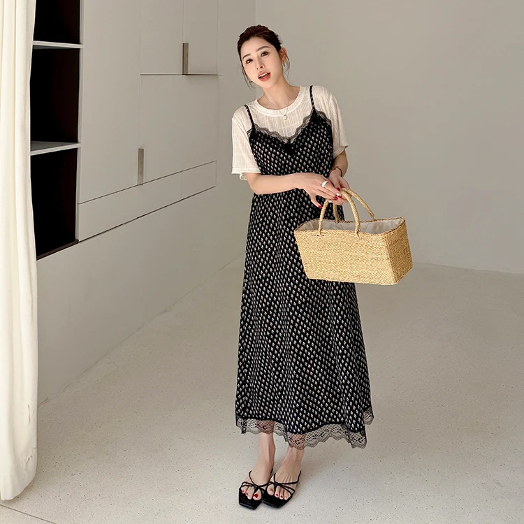 Été nouvelle grande taille dentelle ample ort Sve t-shirt Dr femmes faux deux pièces Dr Floral Patchwork a-ligne Midi Dr