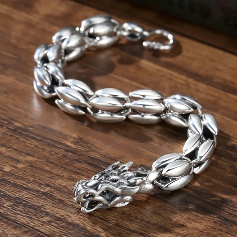 Simplicity S925 Sterling Silver Personalized Retro Dragon Shaped Chain Punk Hip Hop Design Men's and Women's Bracelet Jewelry