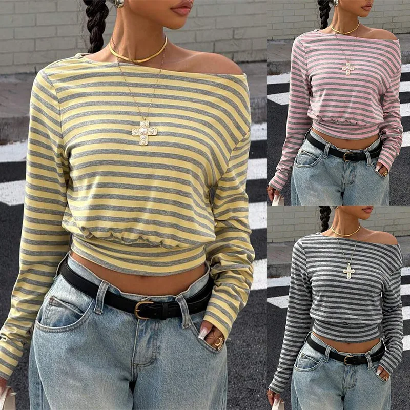 Women'S Striped Long Sleeve Tops Crew Neck Slim Fit Casual Daily Wear Fashion Basic Tee Shirts For Spring Fall
