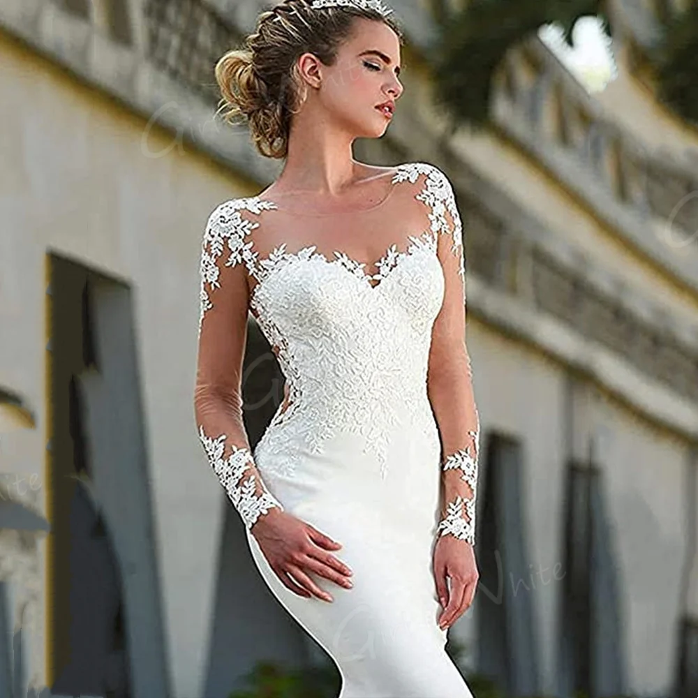 Sexy Illusion Mermaid Wedding Dress Long Sleeve Backless Heart Shape Neckline customized Train Bride Dresses Vestidos De Novia